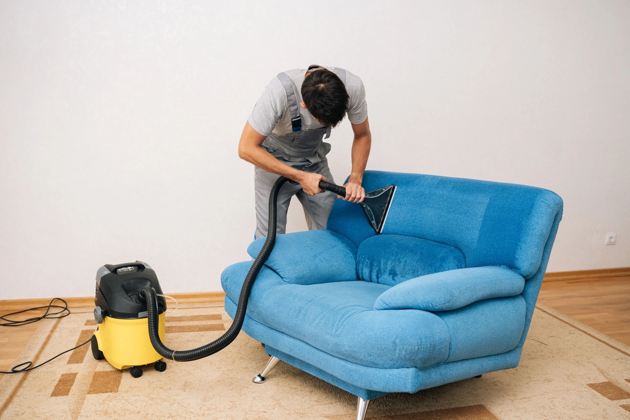 Wide shot of professional cleaning service worker removing dirt and stains from blue upholstered sofa using extraction washing vacuum cleaner in living room. - White Trillium Cleaners Professional residential cleaning service in a modern living room