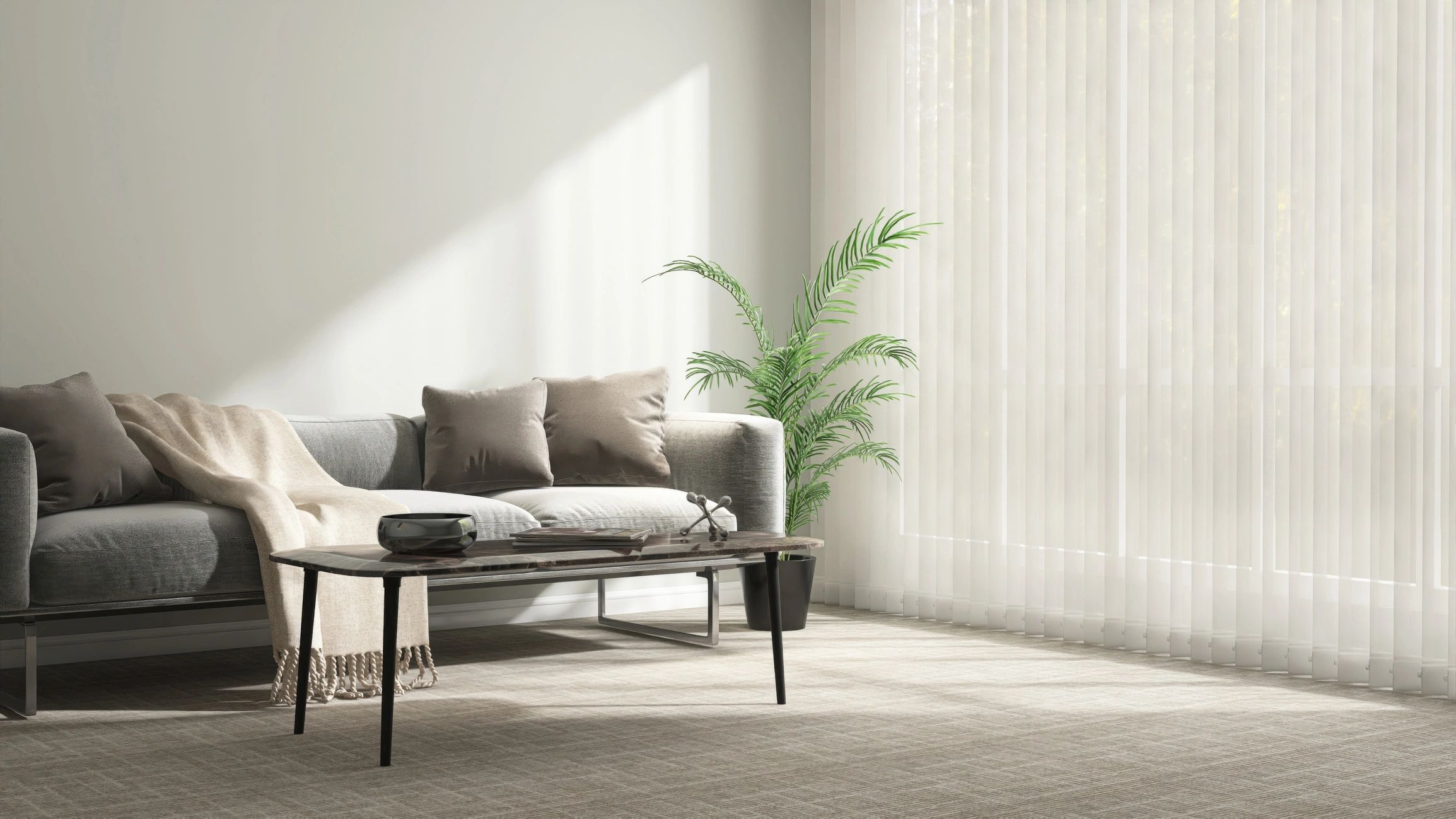 Gray modern sofa, plant, coffee table on carpet floor by white vertical blinds window in minimal living room in sunlight on wall for luxury interior design decoration, product background 3D - White Trillium Cleaners Gray modern sofa, plant, coffee table on carpet floor by white vertical blinds window in minimal living room in sunlight on wall for luxury interior design decoration, product background 3D