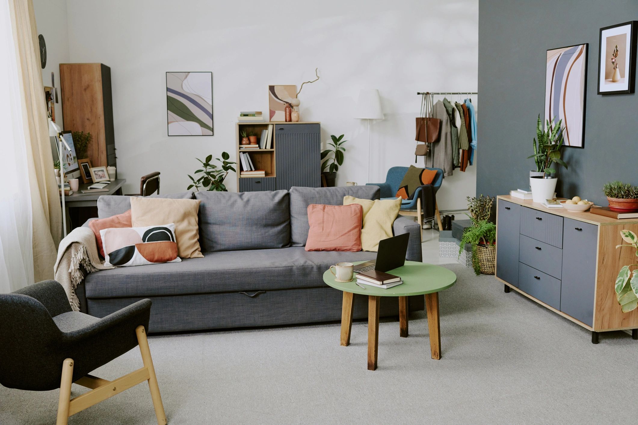 Modern Living Room Featuring Laptop for Remote Work and Home Life - White Trillium Cleaners Clean modern living room interior